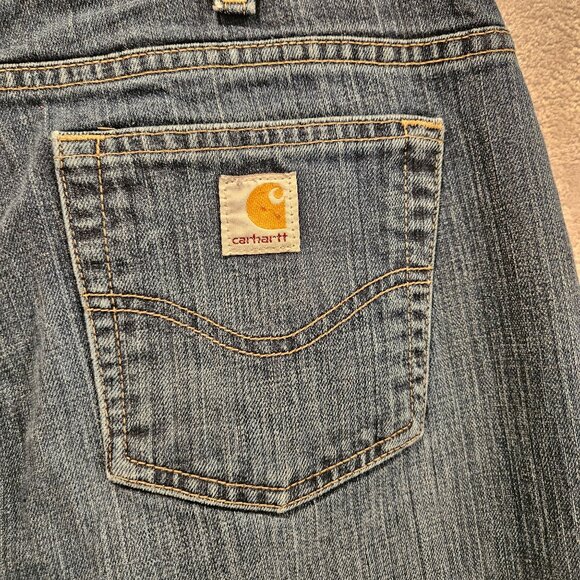 Carhartt curvy fit jeans Womens 12 denim Boot Cut Dark Wash Logo Mom casual work - Picture 5 of 12